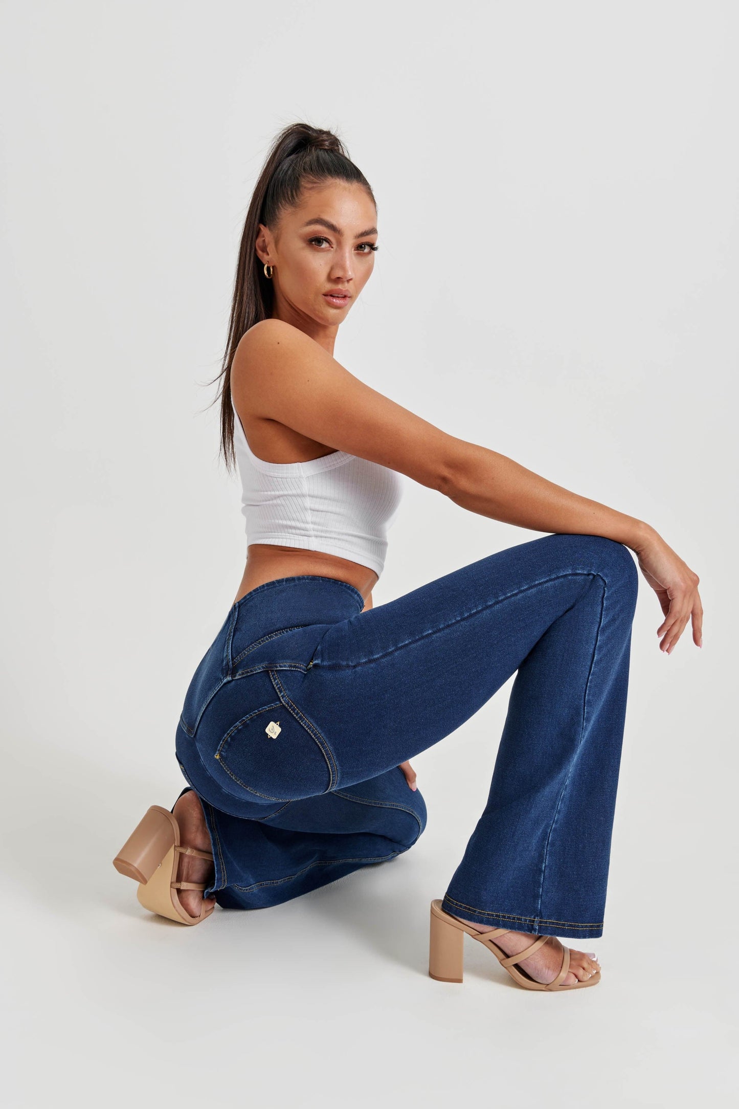 WR.UP® Denim - High Waisted - Bell Bottom Flare - Dark Blue + Yellow Stitching