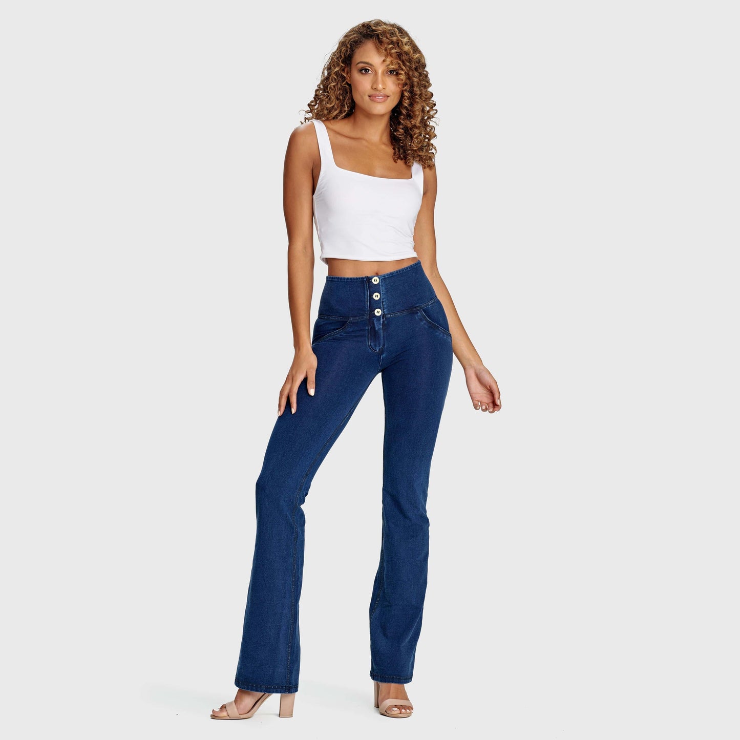 WR.UP® Denim - High Waisted - Bell Bottom Flare - Dark Blue + Blue Stitching