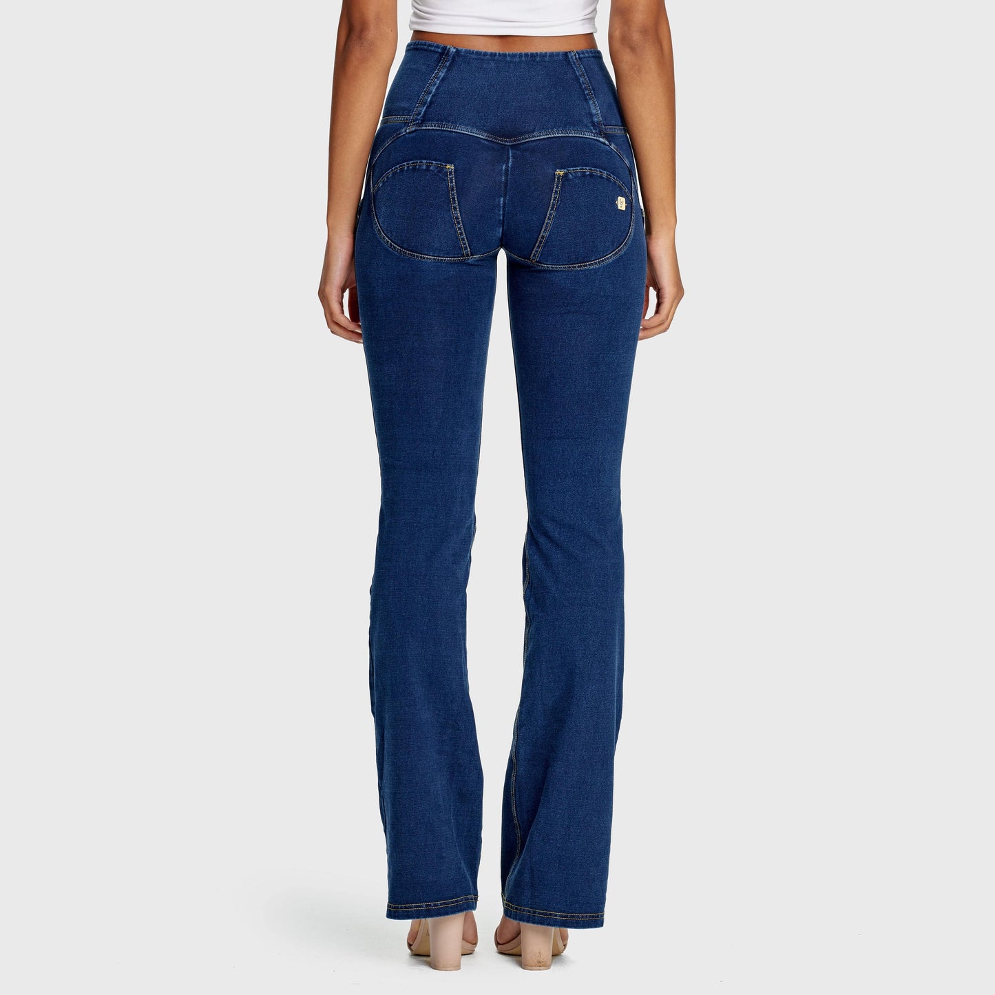 WR.UP® Denim - High Waisted - Bell Bottom Flare - Dark Blue + Yellow Stitching