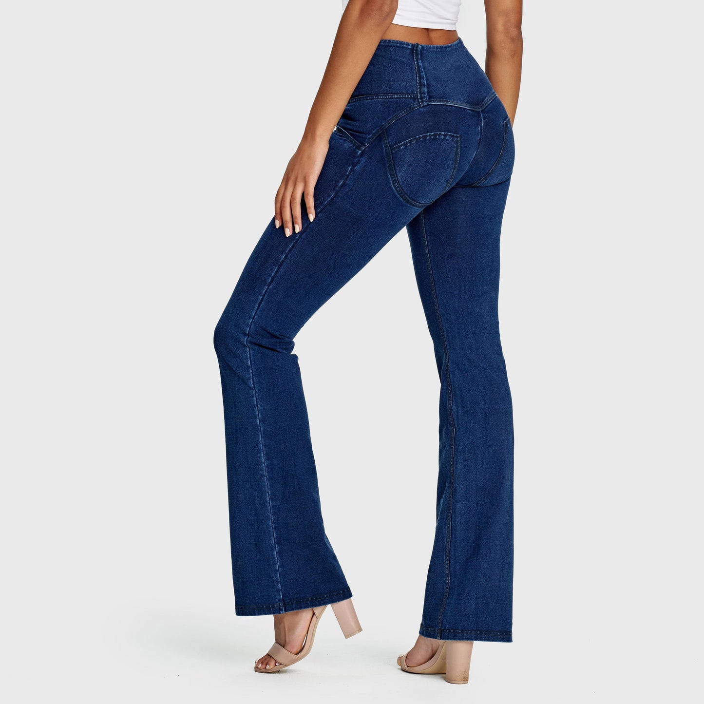 WR.UP® Denim - High Waisted - Bell Bottom Flare - Dark Blue + Blue Stitching