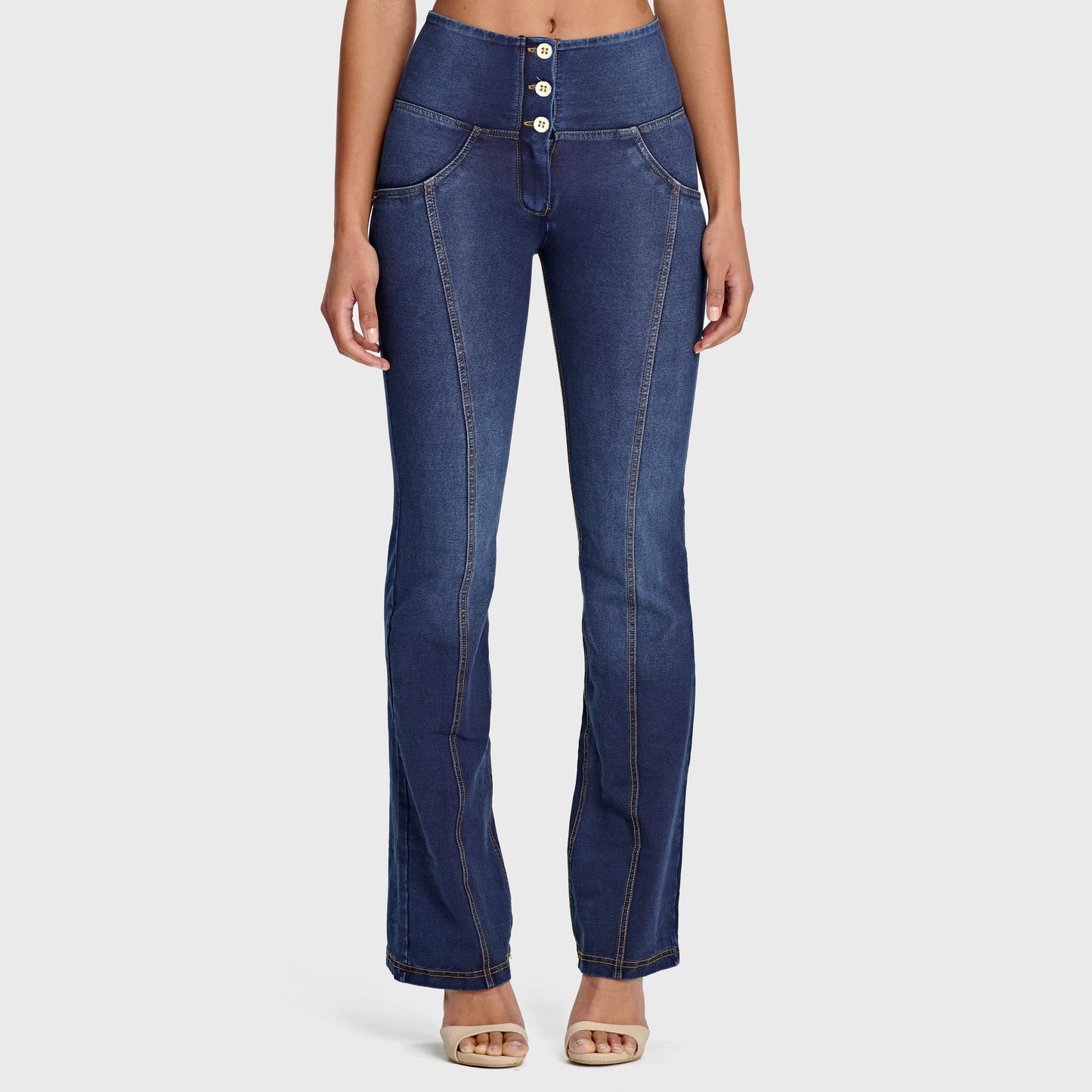 WR.UP® Denim - High Waisted - Flare - Dark Blue + Yellow Stitching