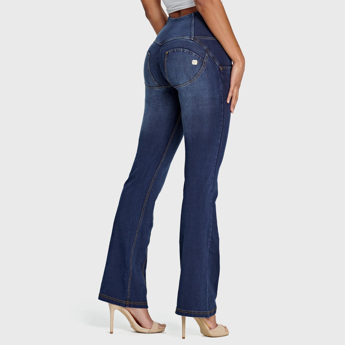 WR.UP® Denim - High Waisted - Flare - Dark Blue + Yellow Stitching