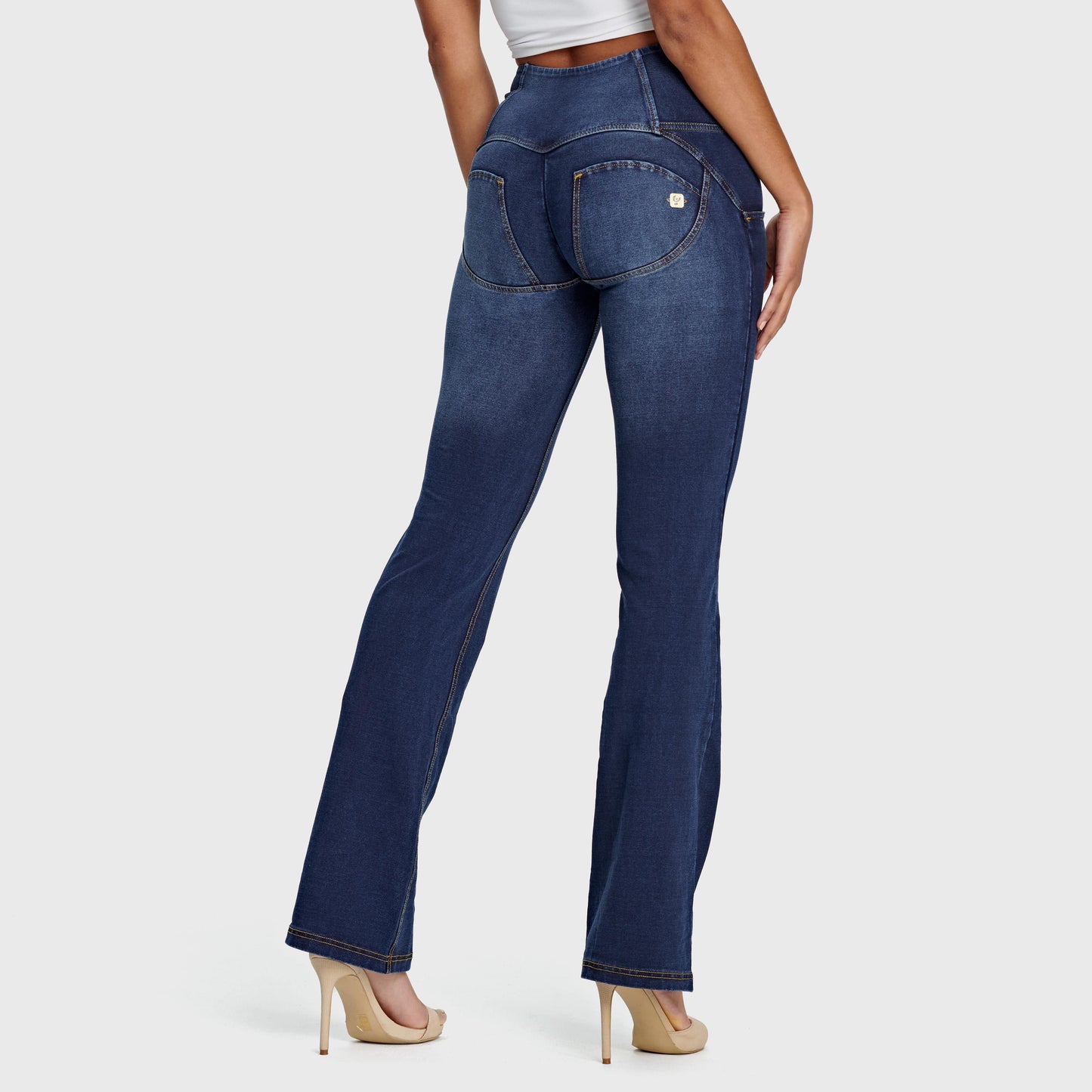 WR.UP® Denim - High Waisted - Flare - Dark Blue + Yellow Stitching