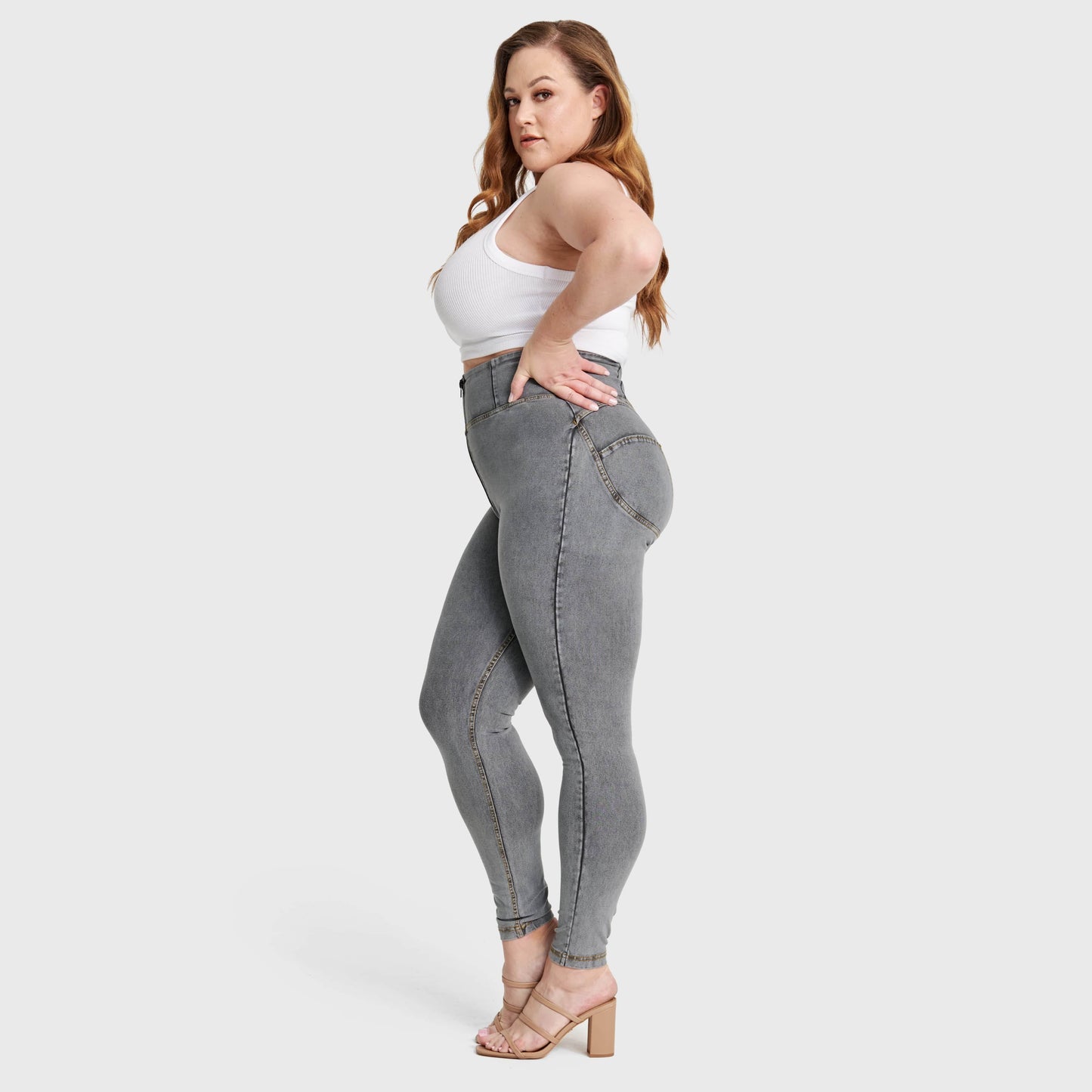 WR.UP® Curvy Denim - Zip High Waisted - Full Length - Grey + Yellow Stitching