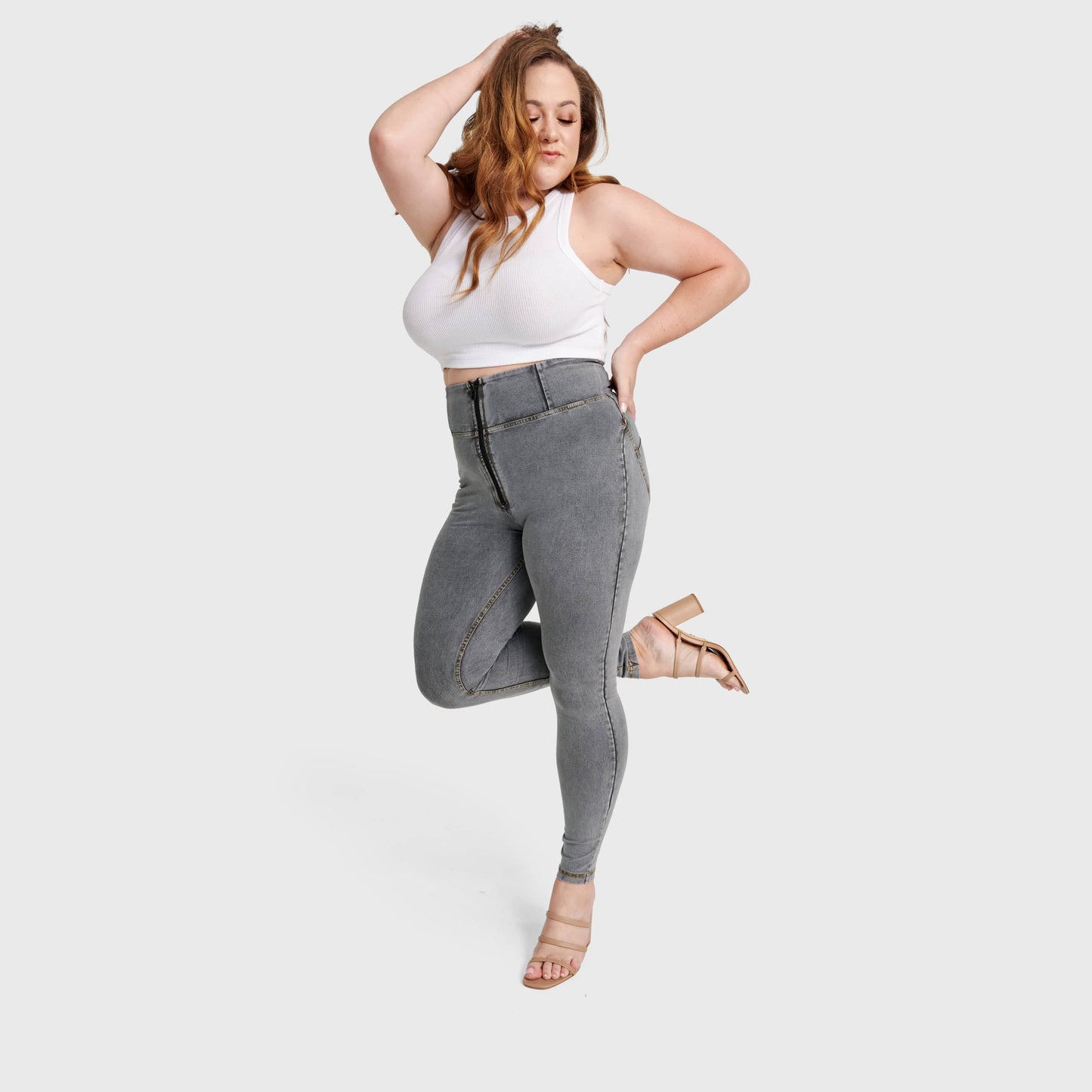 WR.UP® Curvy Denim - Zip High Waisted - Full Length - Grey + Yellow Stitching