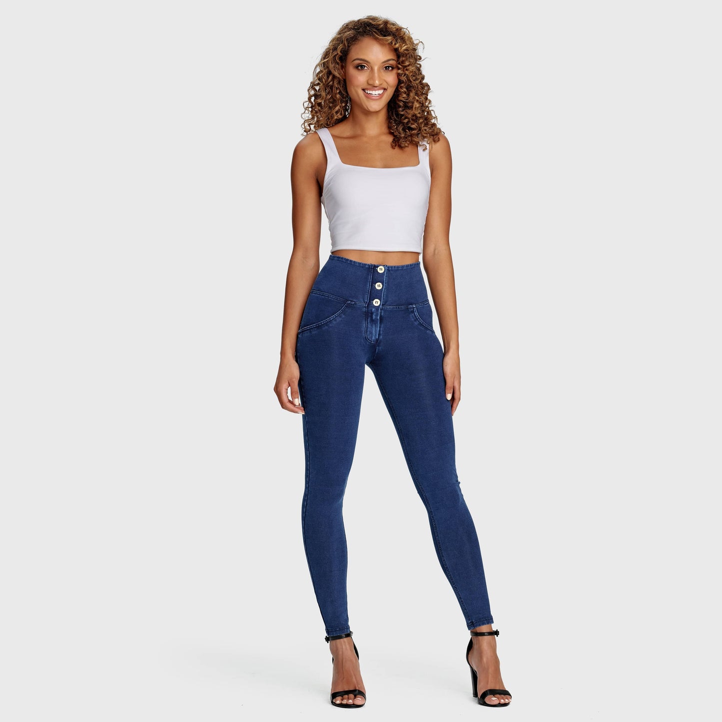 WR.UP® Denim - 3 Button High Waisted - Full Length - Dark Blue + Blue Stitching