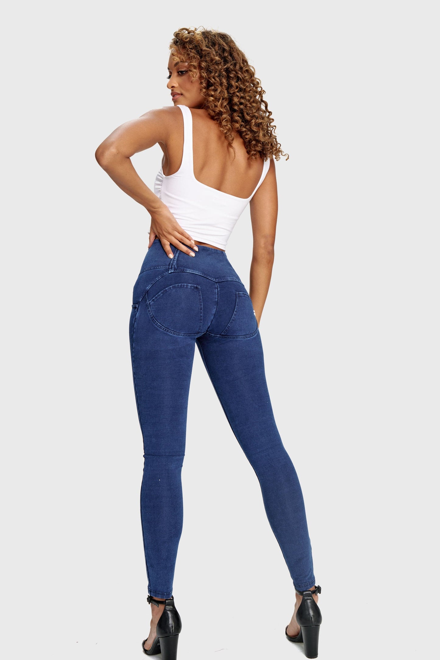 WR.UP® Denim - 3 Button High Waisted - Full Length  - Dark Blue + Blue Stitching