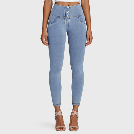 WR.UP® Denim - 3 Button High Waisted - 7/8 Length - Light Blue + Yellow Stitching