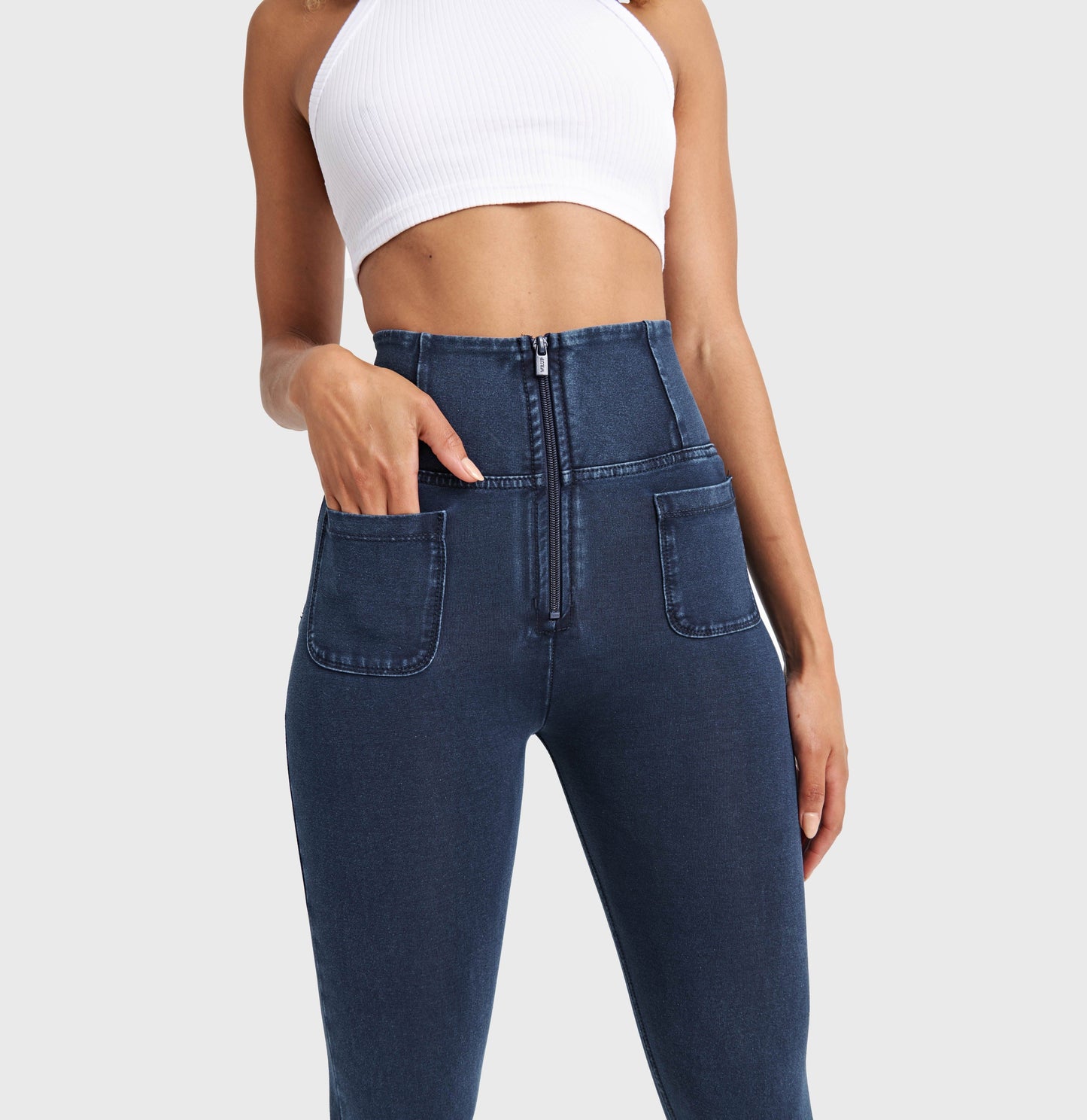 WR.UP® Denim With Front Pockets - Super High Waisted - 7/8 Length - Dark Blue + Blue Stitching