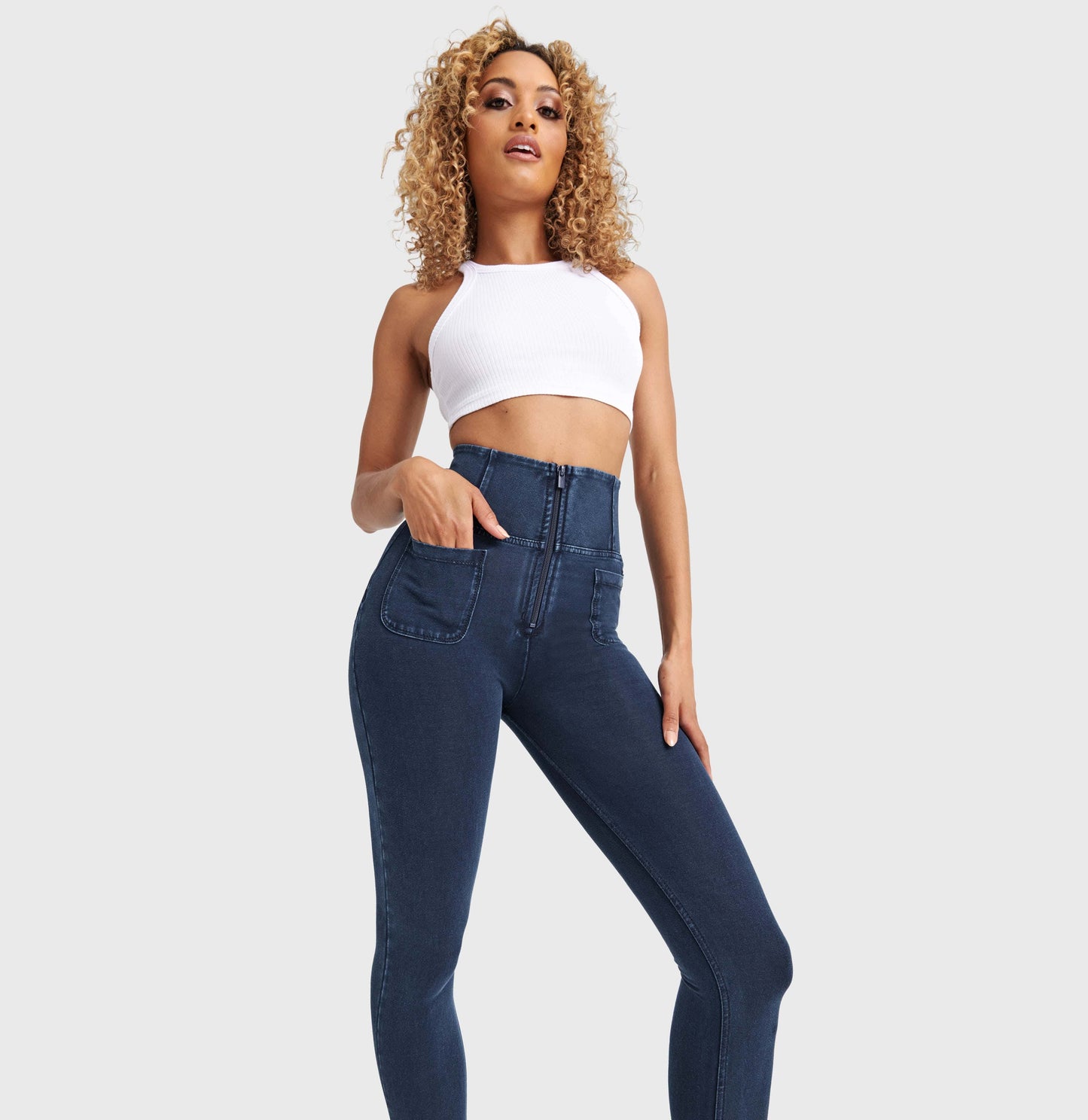 WR.UP® Denim With Front Pockets - Super High Waisted - 7/8 Length - Dark Blue + Blue Stitching