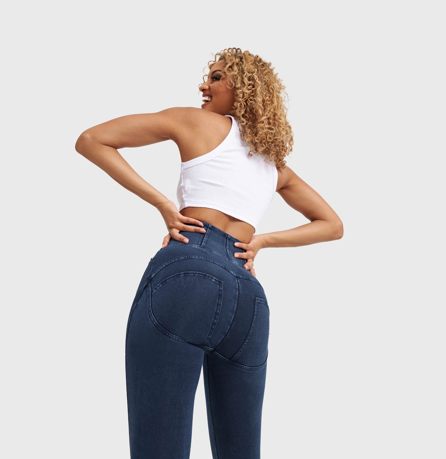 WR.UP® Denim With Front Pockets - Super High Waisted - 7/8 Length - Dark Blue + Blue Stitching