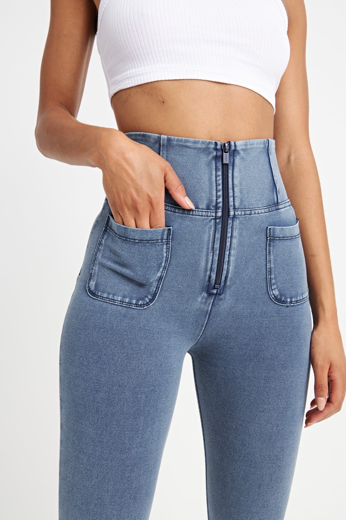 WR.UP® Denim With Front Pockets - Super High Waisted - 7/8 Length - Light Blue + Blue Stitching