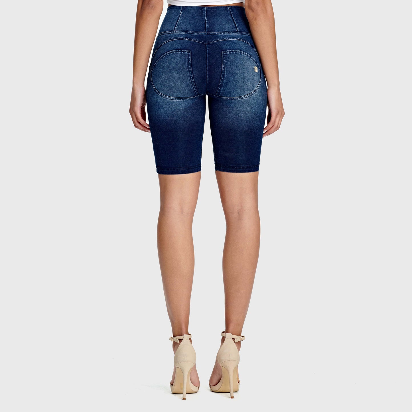 WR.UP® Denim - High Waisted - Biker Shorts - Dark Blue + Blue Stitching