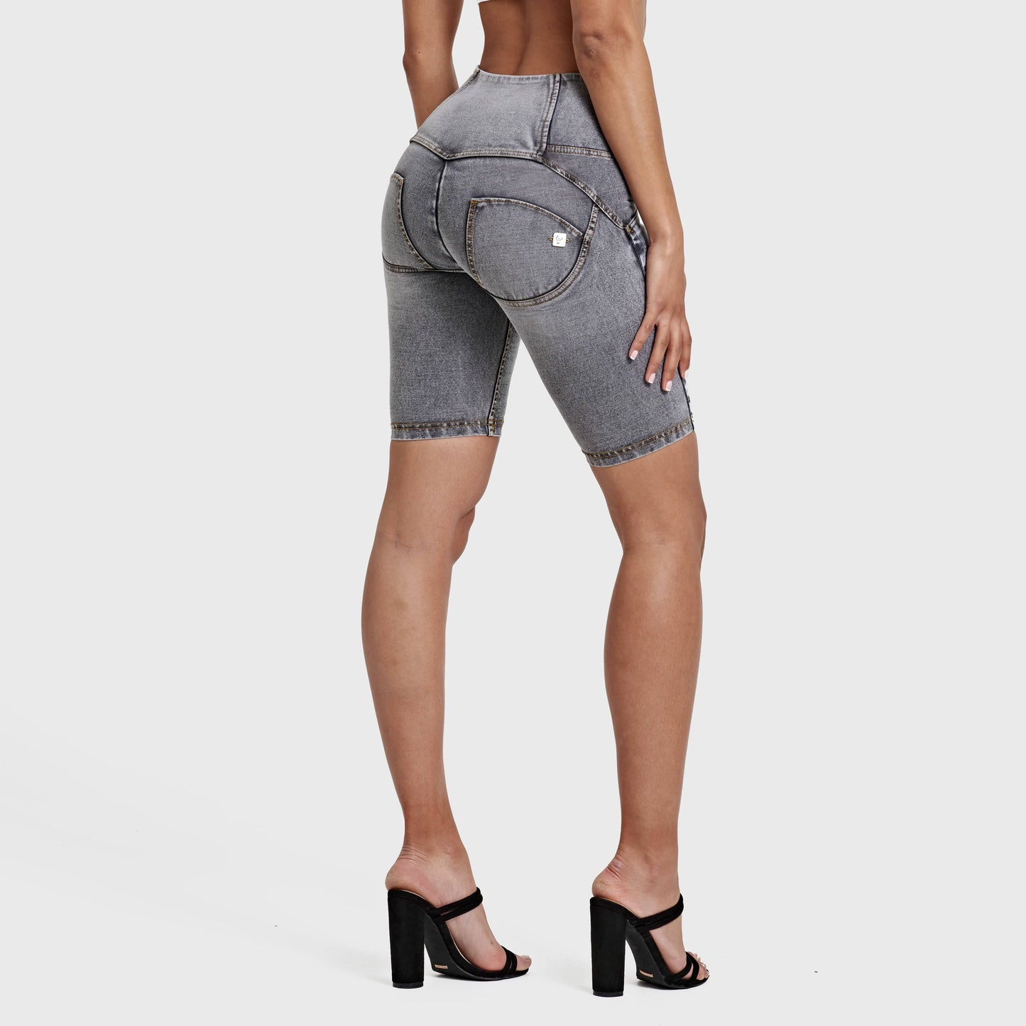 WR.UP® Distressed Denim - High Waisted - Biker Shorts - Grey + Yellow Stitching