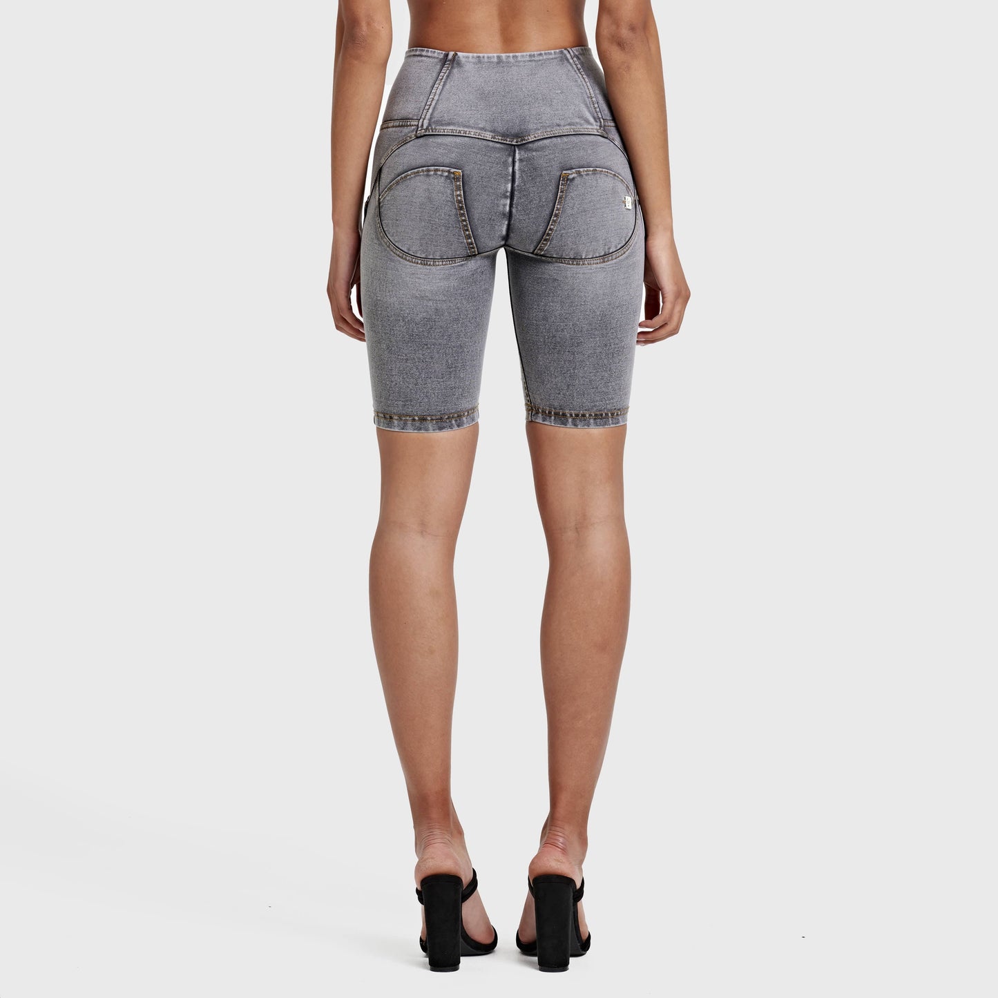 WR.UP® Distressed Denim - High Waisted - Biker Shorts - Grey + Yellow Stitching