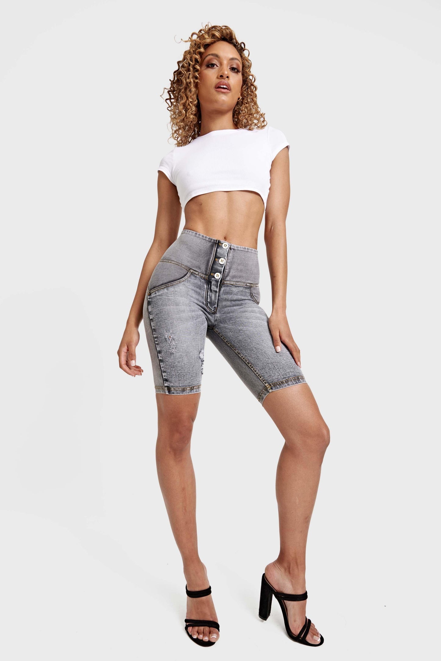 WR.UP® Distressed Denim - High Waisted - Biker Shorts - Grey + Yellow Stitching