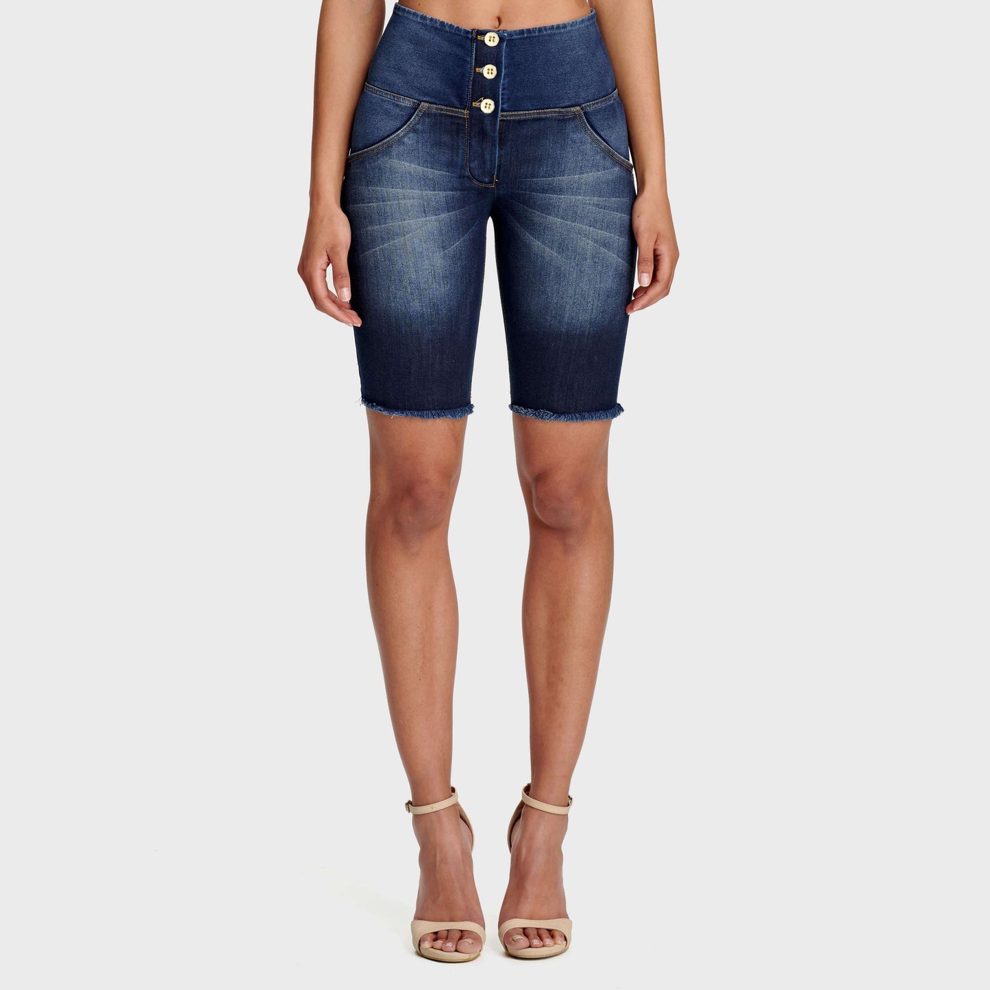 WR.UP® Denim - High Waisted - 3 Button Biker Shorts - Dark Blue + Yellow Stitching