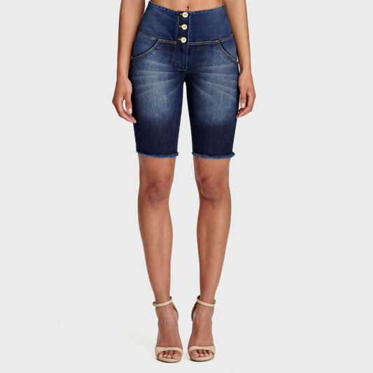WR.UP® Denim - High Waisted - 3 Button Biker Shorts - Dark Blue + Yellow Stitching
