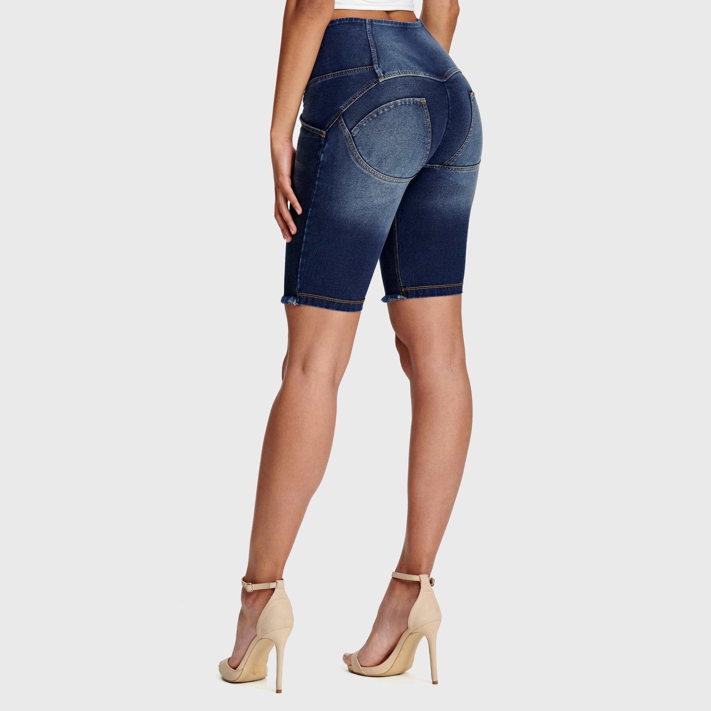WR.UP® Denim - High Waisted - 3 Button Biker Shorts - Dark Blue + Yellow Stitching