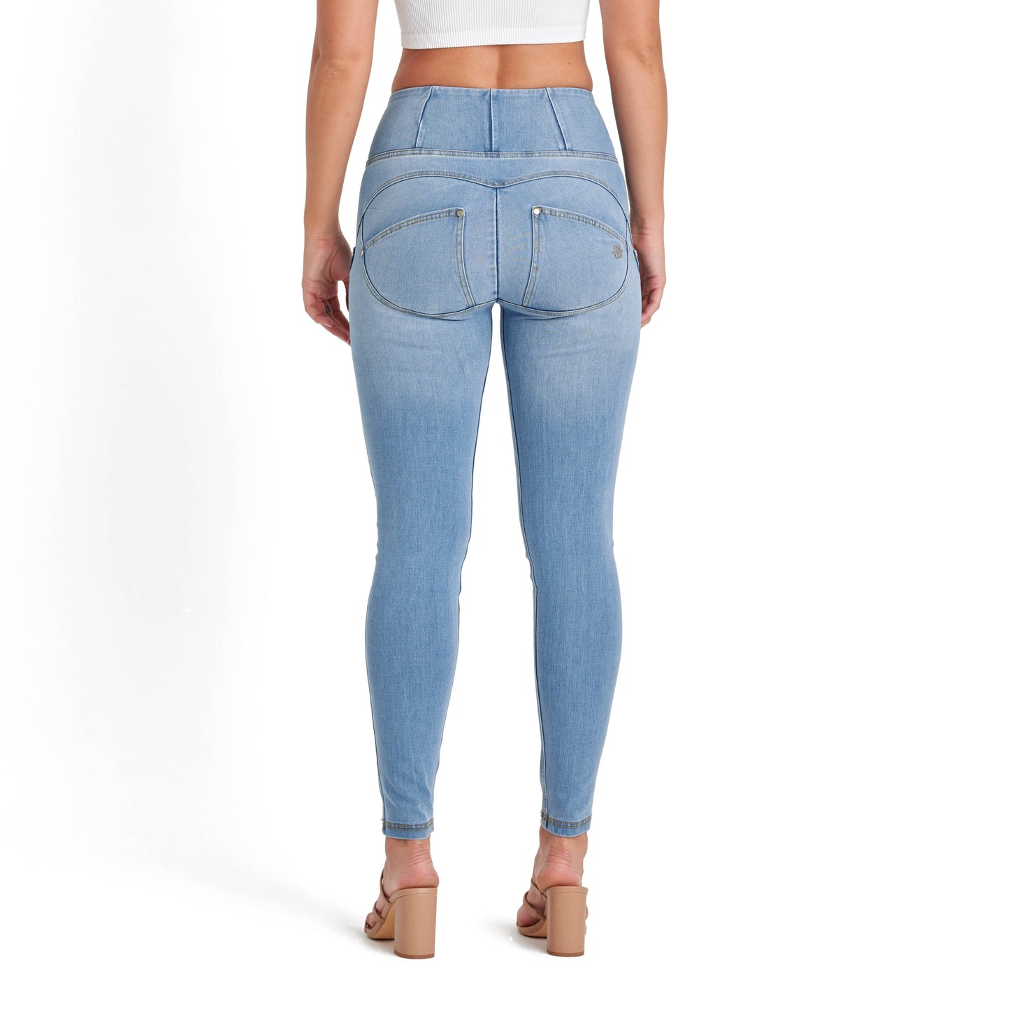 WR.UP® Snug Jeans - High Waisted - Full Length - Light Blue + Yellow Stitching