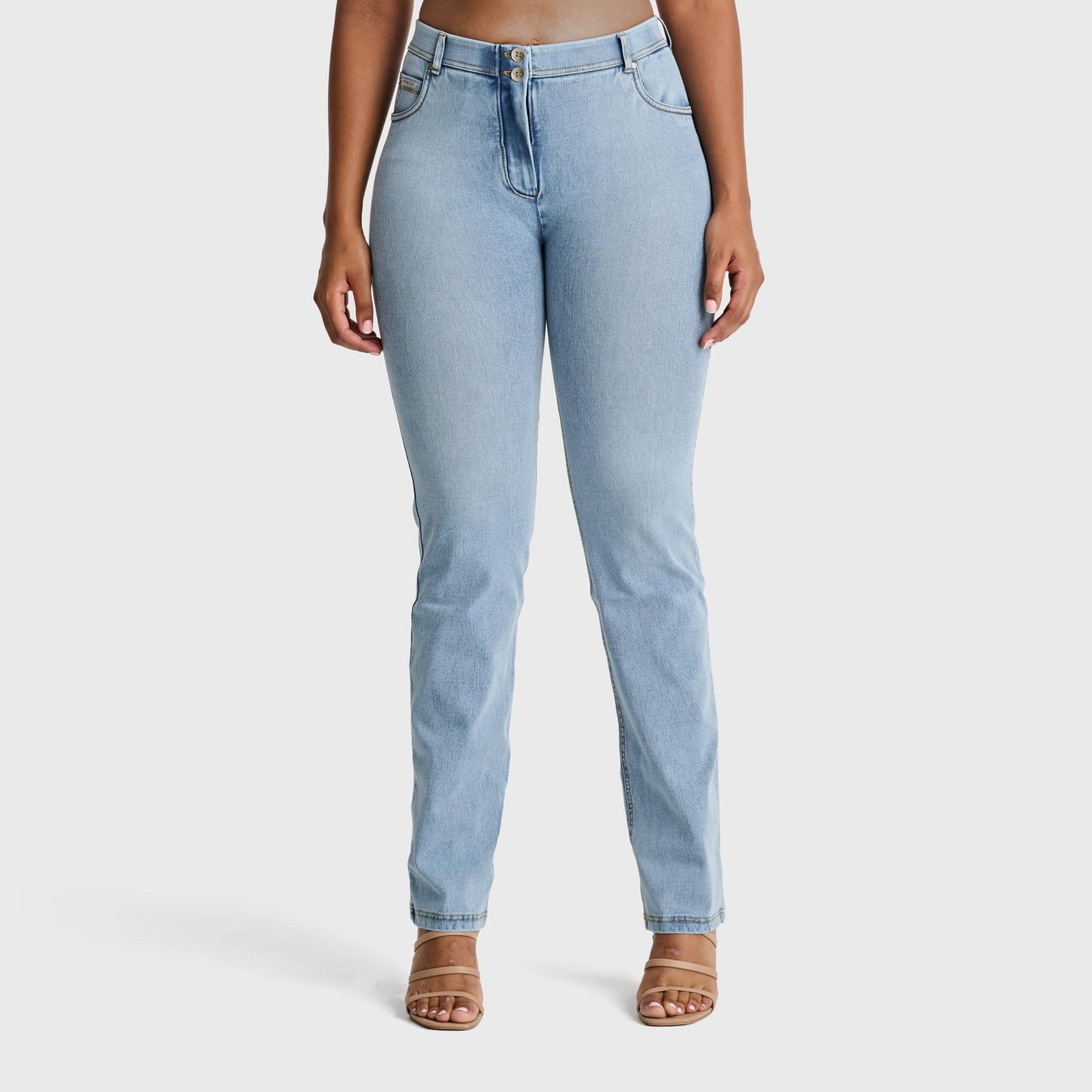 WR.UP® Snug Jeans - 2 Button High Waisted - Bootcut - Light Blue + Yellow Stitching
