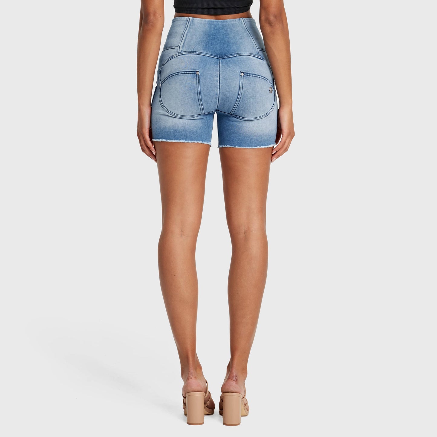 WR.UP® Snug Jeans - 3 Button High Waisted - Shorts - Light Blue + Blue Stitching