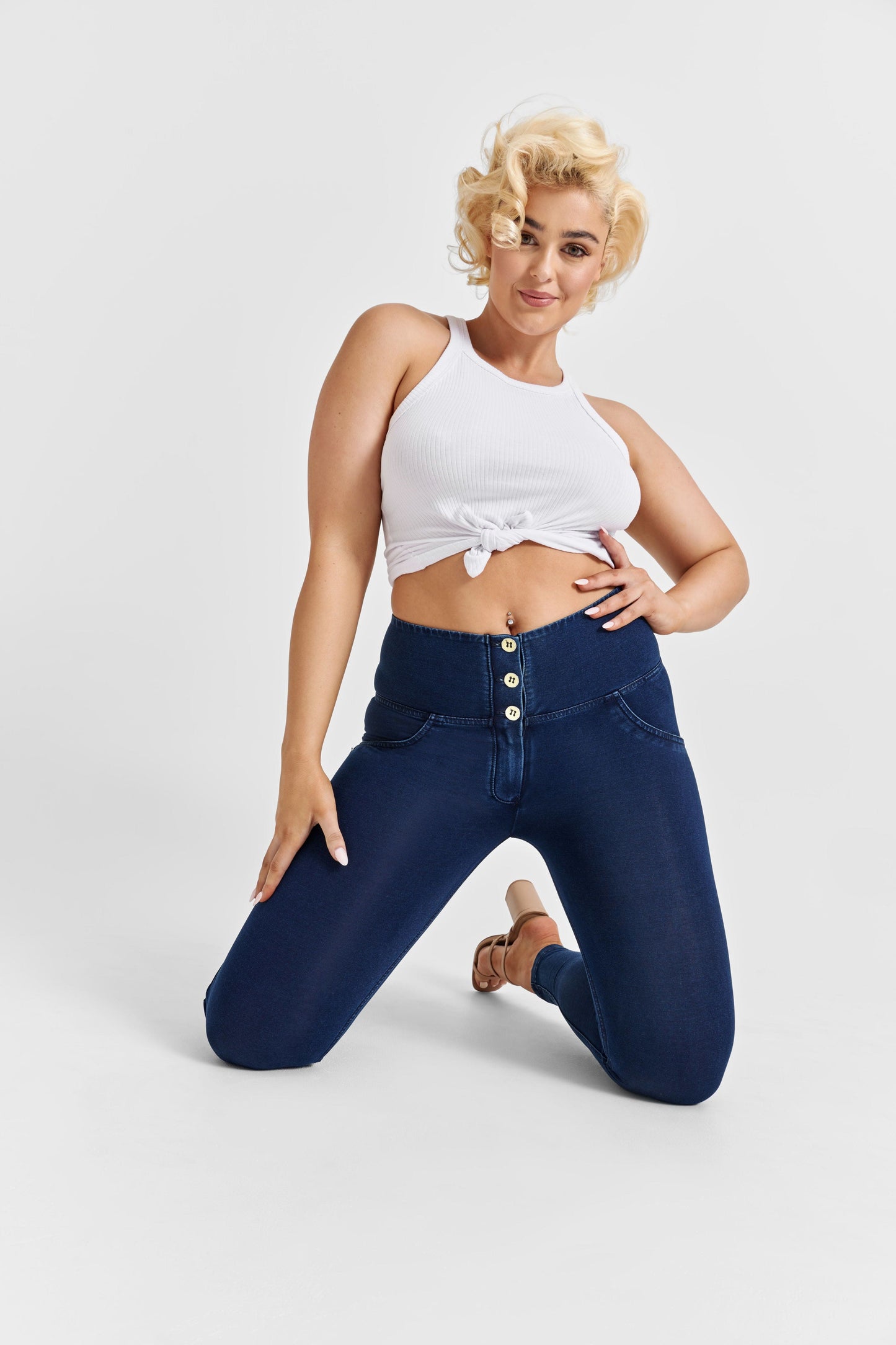 WR.UP® Denim - 3 Button High Waisted - Full Length  - Dark Blue + Blue Stitching