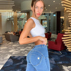 بنطال جينز WR.UP® - خصر متوسط ​​الارتفاع - طول 7/8 - أزرق فاتح مع خياطة صفراء