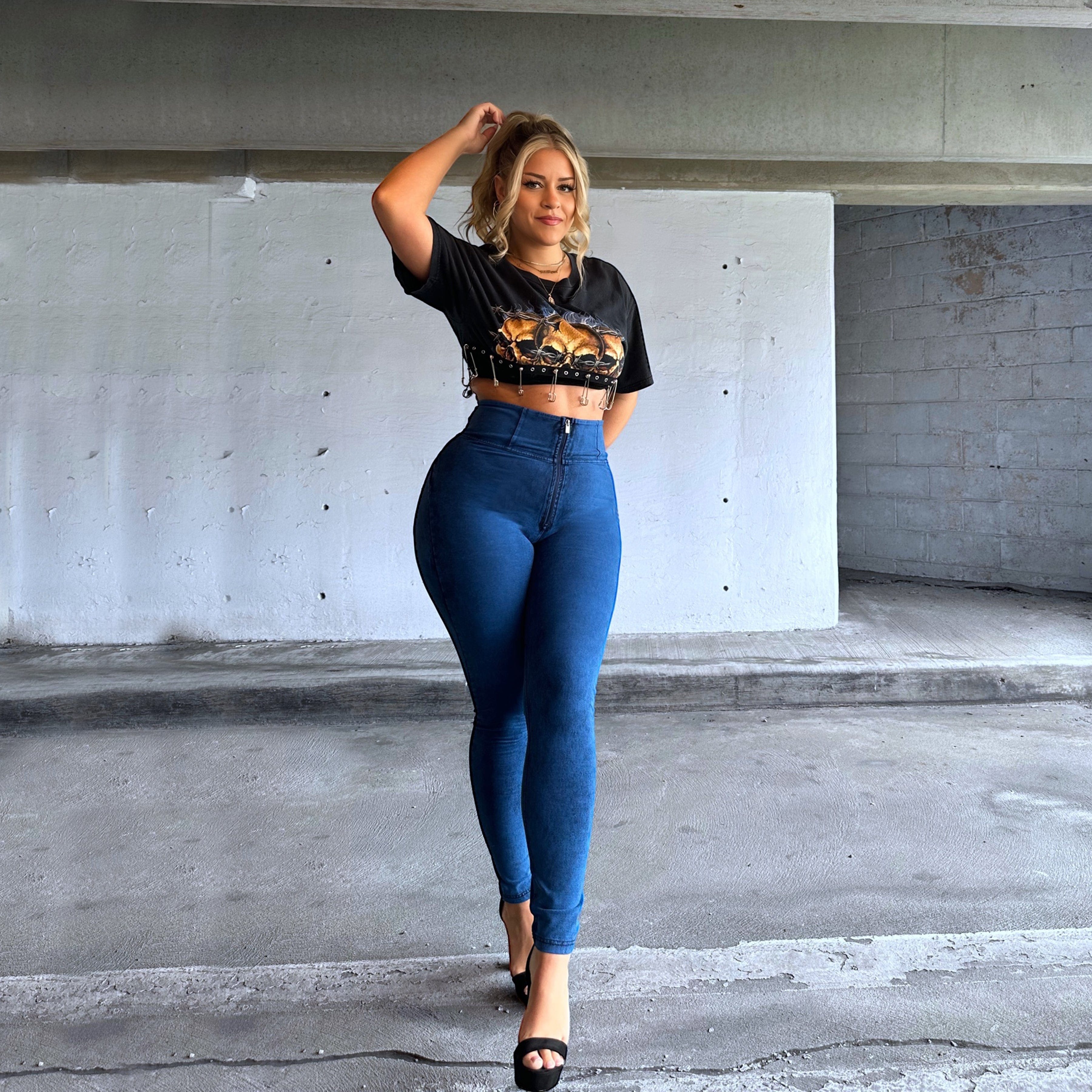 بنطال جينز WR.UP® Curvy - بسحاب وخصر عالٍ - طول كامل - أزرق كوبالت + خياطة زرقاء