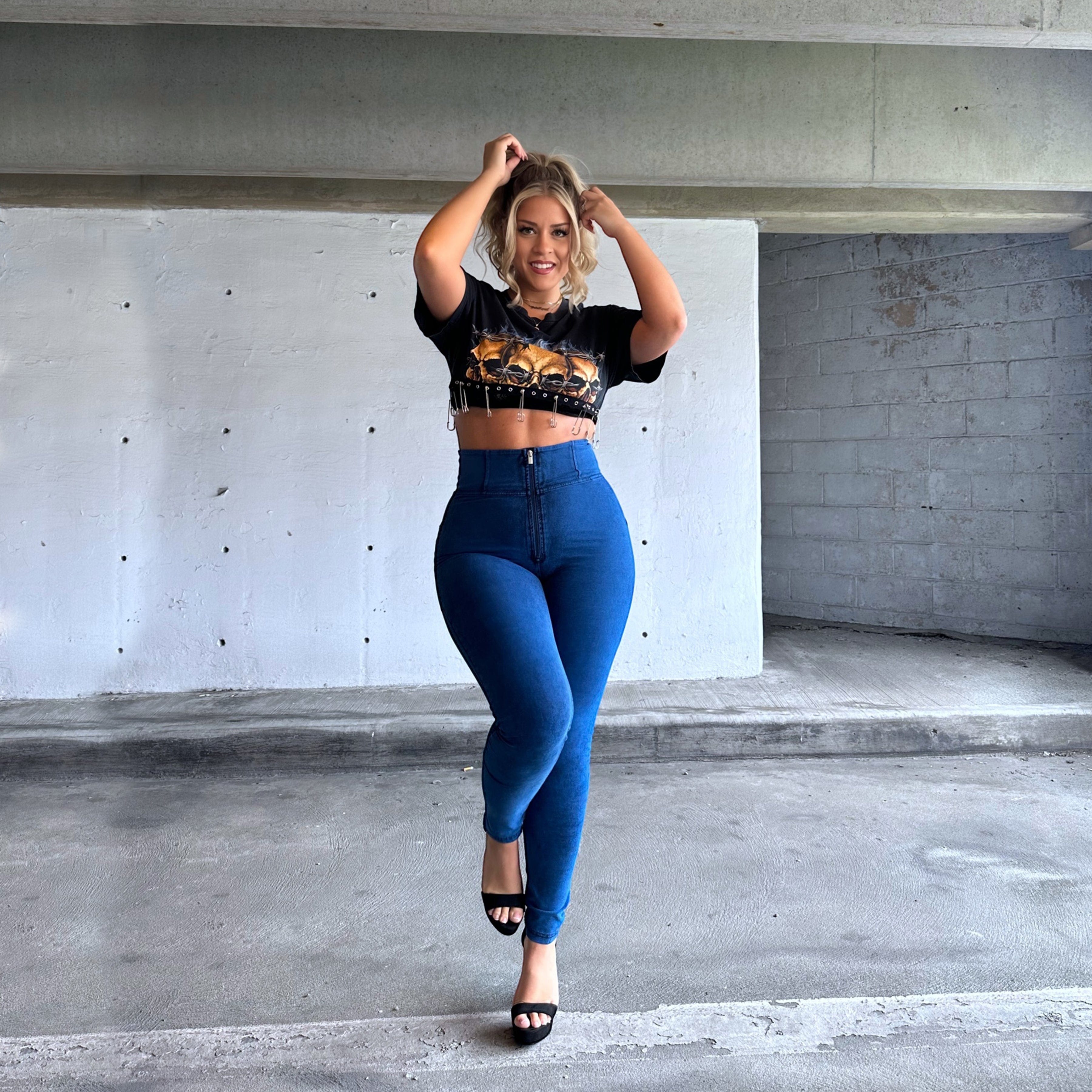 بنطال جينز WR.UP® Curvy - بسحاب وخصر عالٍ - طول كامل - أزرق كوبالت + خياطة زرقاء