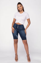 شورت جينز ممزق من WR.UP® - خصر عالٍ - شورت رياضي - أزرق داكن + خياطة صفراء