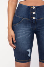 شورت جينز ممزق من WR.UP® - خصر عالٍ - شورت رياضي - أزرق داكن + خياطة صفراء