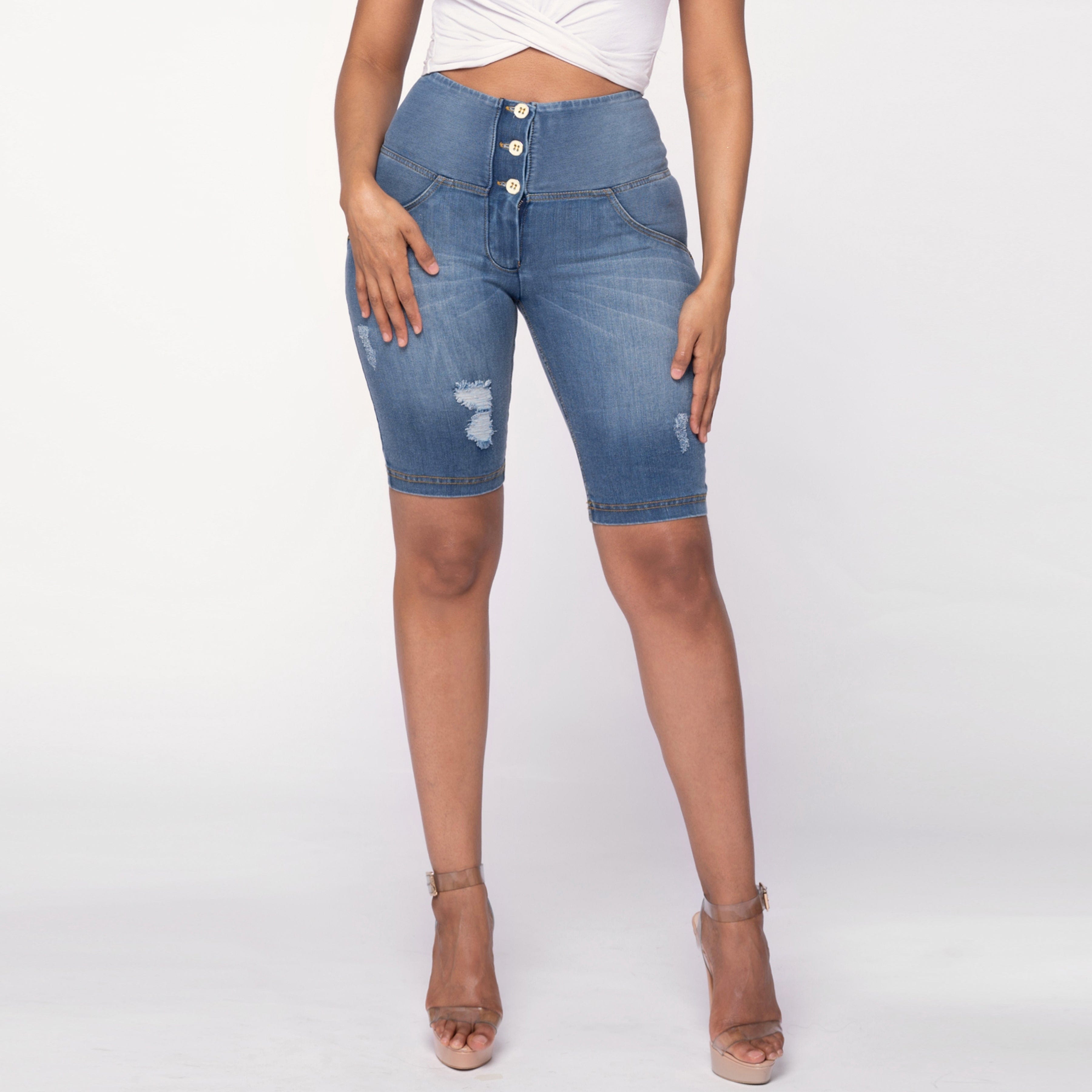 WR.UP® Distressed Denim - High Waisted - Biker Shorts - Light Blue + Yellow Stitching