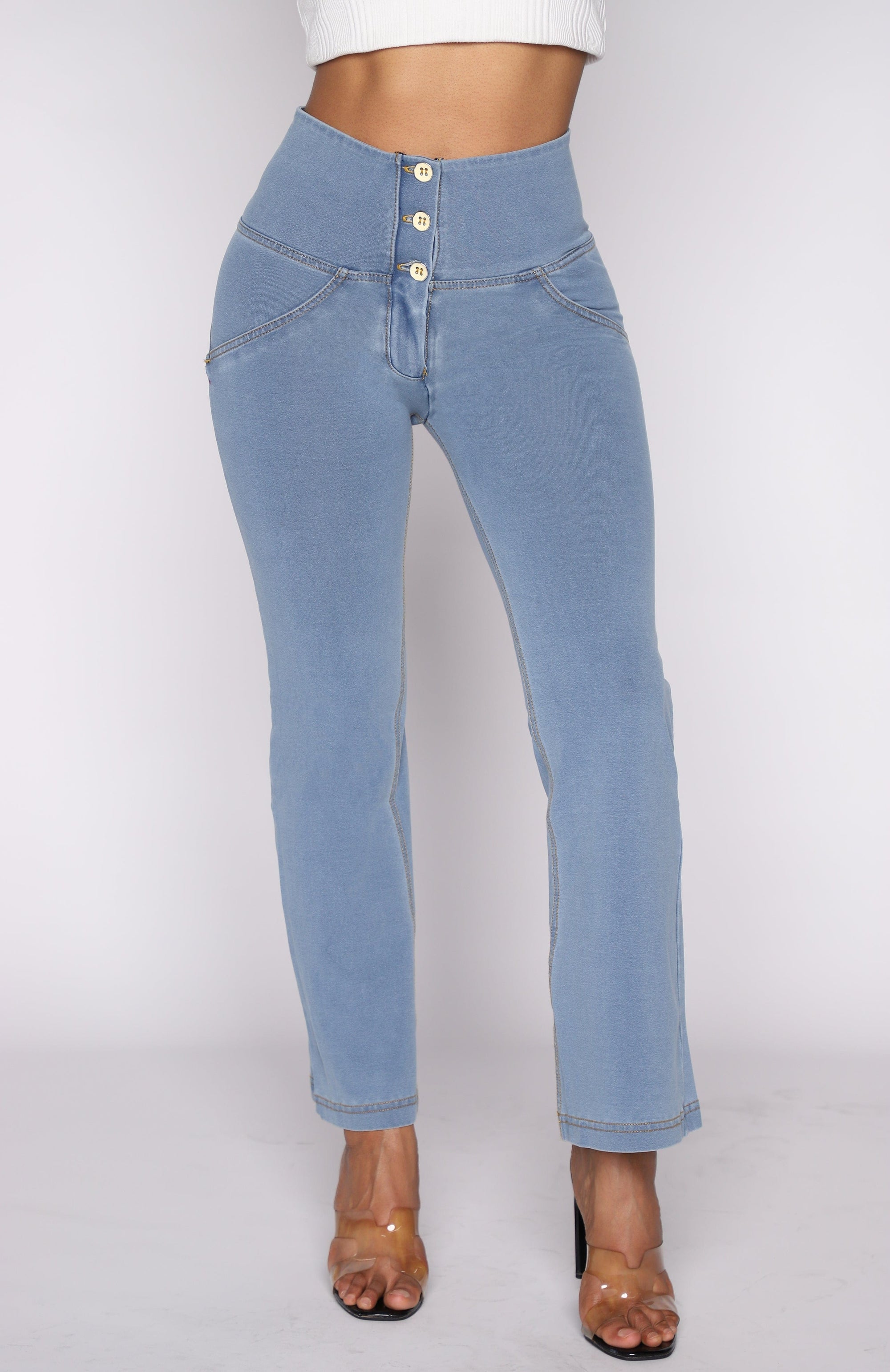 WR.UP® Denim - High Waisted - Kick Flare - Light Blue + Yellow Stitching