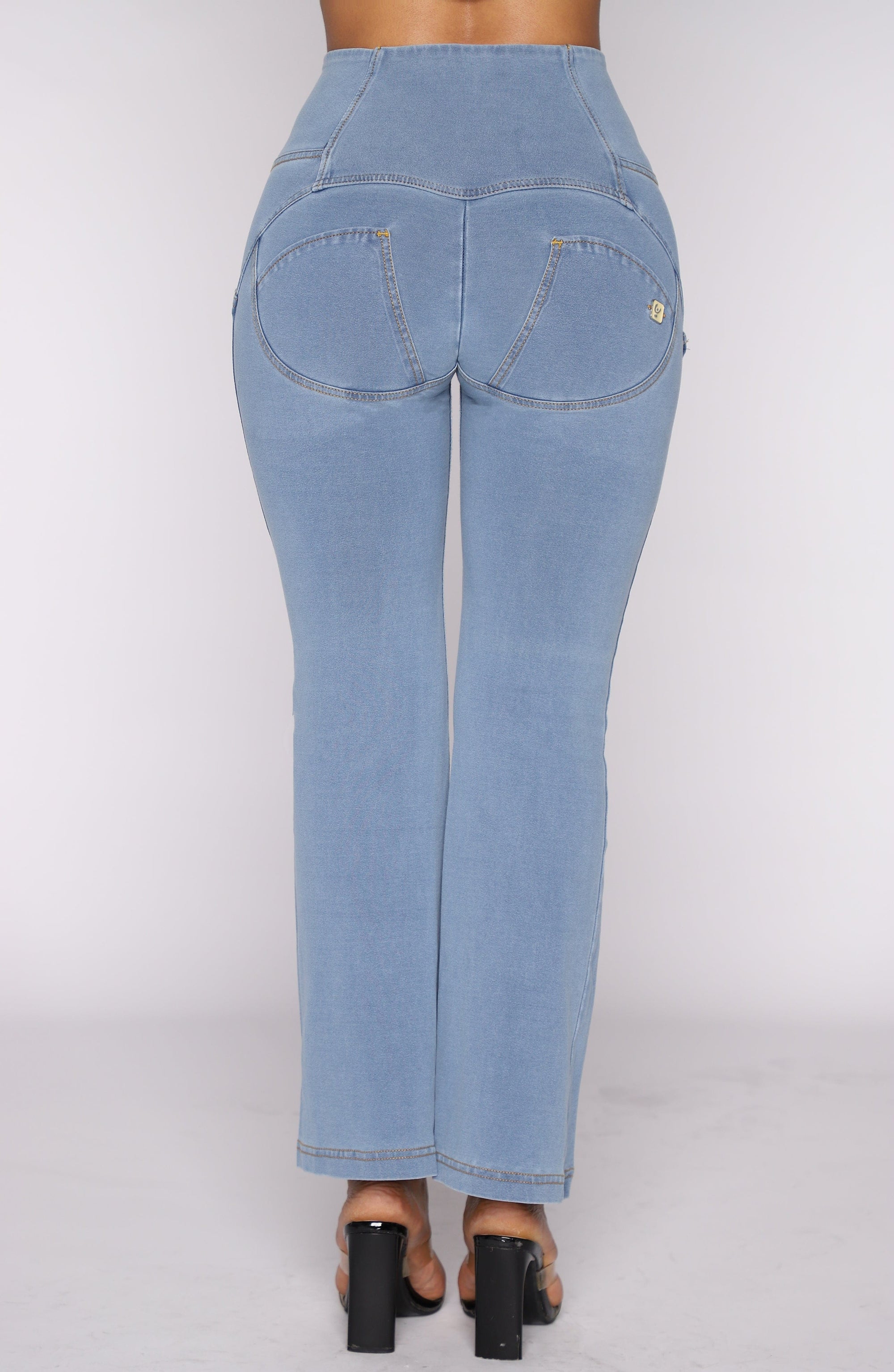 WR.UP® Denim - High Waisted - Kick Flare - Light Blue + Yellow Stitching