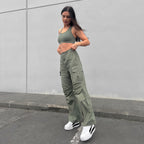 بنطال كارجو - خصر مرتفع - طول كامل - أخضر عسكري