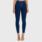 بنطال جينز WR.UP® - خصر مرتفع - طول 7/8 - أزرق داكن مع خياطة صفراء