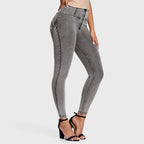 بنطال جينز WR.UP® - خصر مرتفع - طول 7/8 - رمادي مع خياطة صفراء