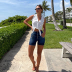 شورت جينز ضيق من WR.UP® - خصر مرتفع - أزرق داكن + خياطة زرقاء