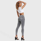 جينز ناو® - خصر مرتفع - طول 7/8 - رمادي مع خياطة صفراء 