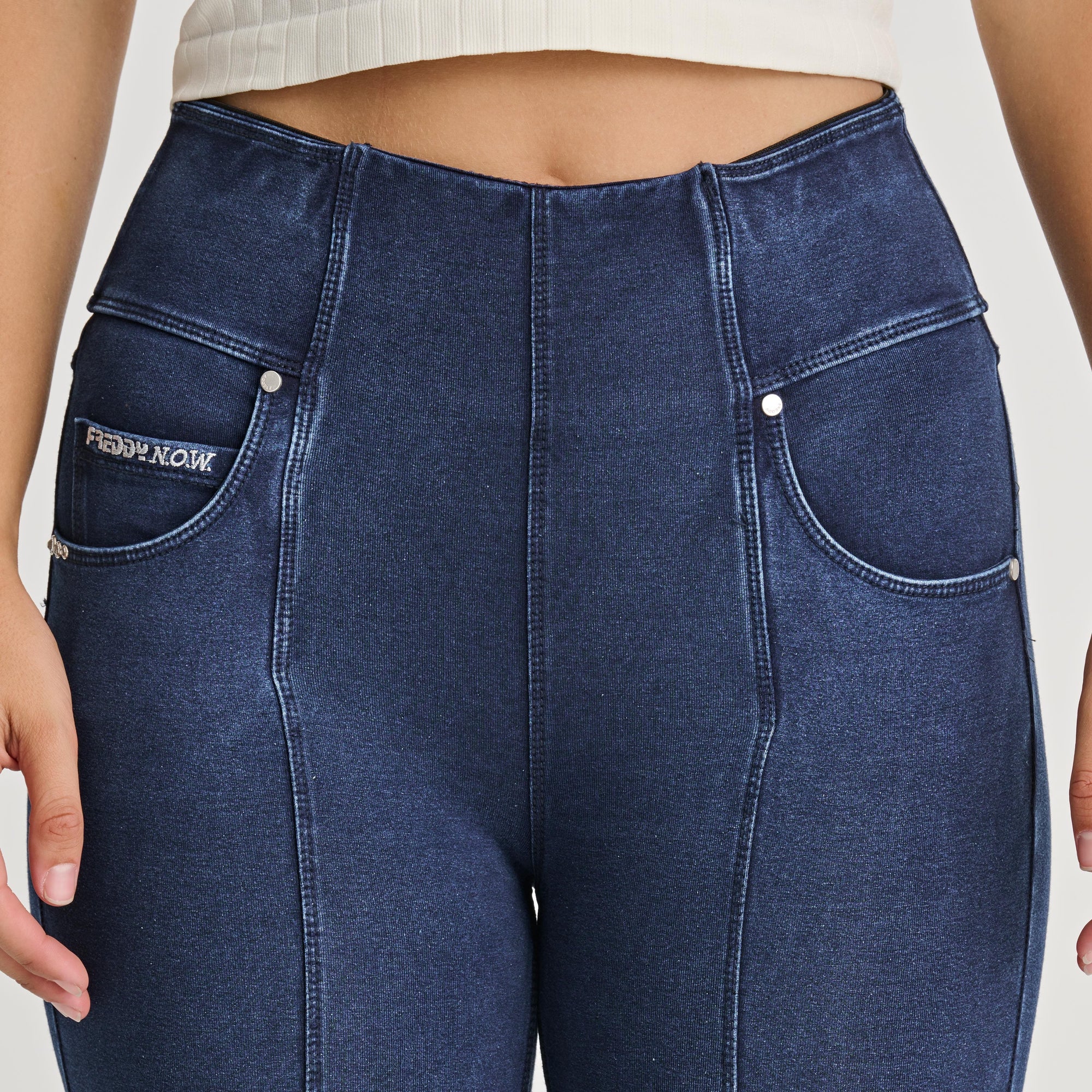 N.O.W® Denim - High Waisted - 7/8 Flare - Dark Blue + Blue Stitching