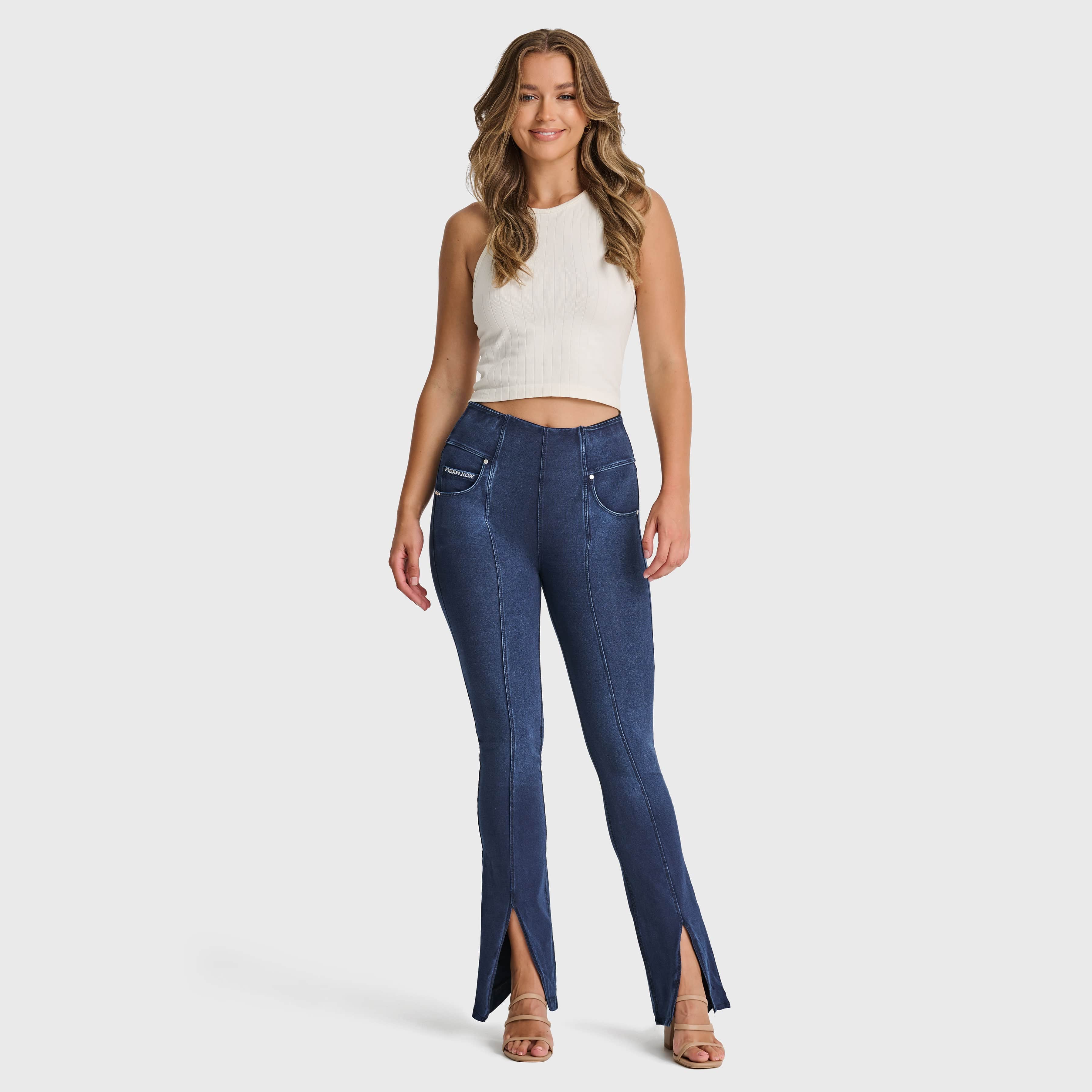 جينز ناو® - خصر مرتفع - فتحة واسعة 7/8 - أزرق داكن + خياطة زرقاء 