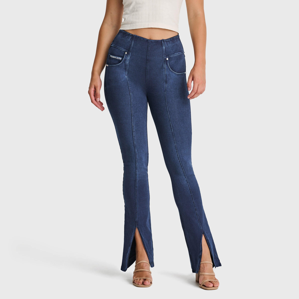 N.O.W® Denim - High Waisted - 7/8 Flare - Dark Blue + Blue Stitching