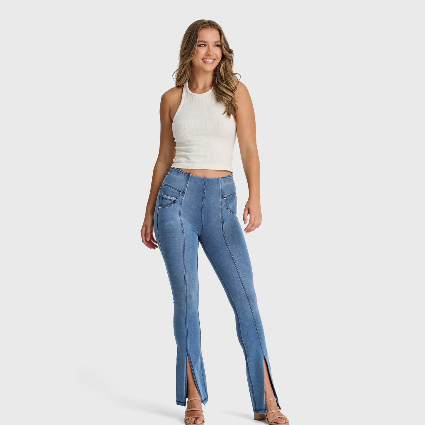 N.O.W® Denim - High Waisted - 7/8 Flare - Light Blue + Blue Stitching