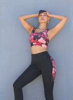 بنطال رياضي ضيق للغاية من ديوو مزين بأشرطة مطبوعة بالزهور - خصر مرتفع - طول 7/8 - أسود