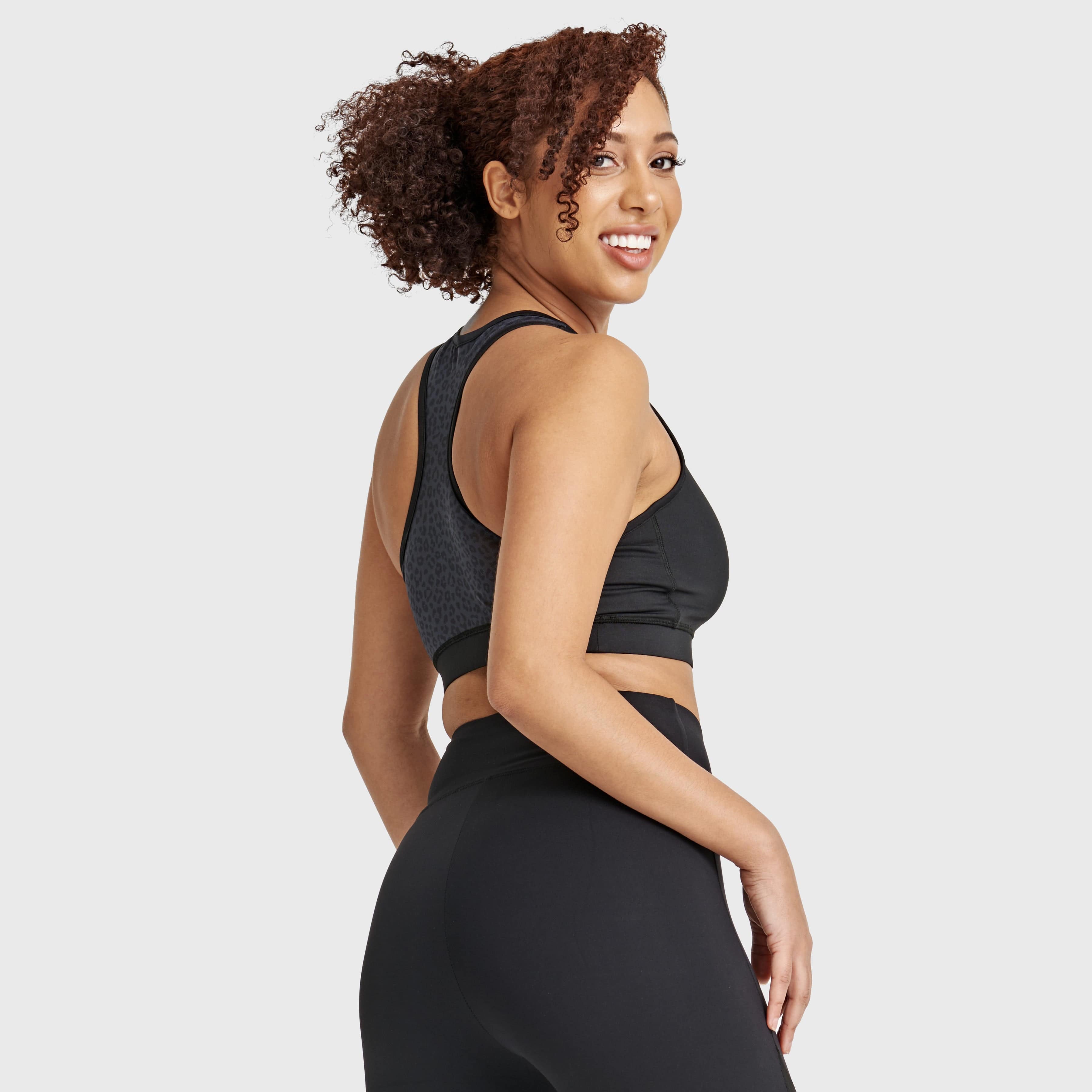 حمالة صدر رياضية بنقشة جلد حيوانية من الخلف - أسود