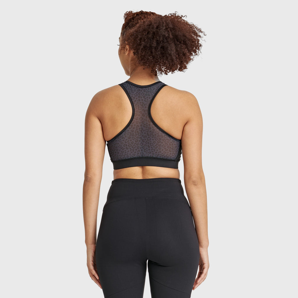 حمالة صدر رياضية بنقشة جلد حيوانية من الخلف - أسود