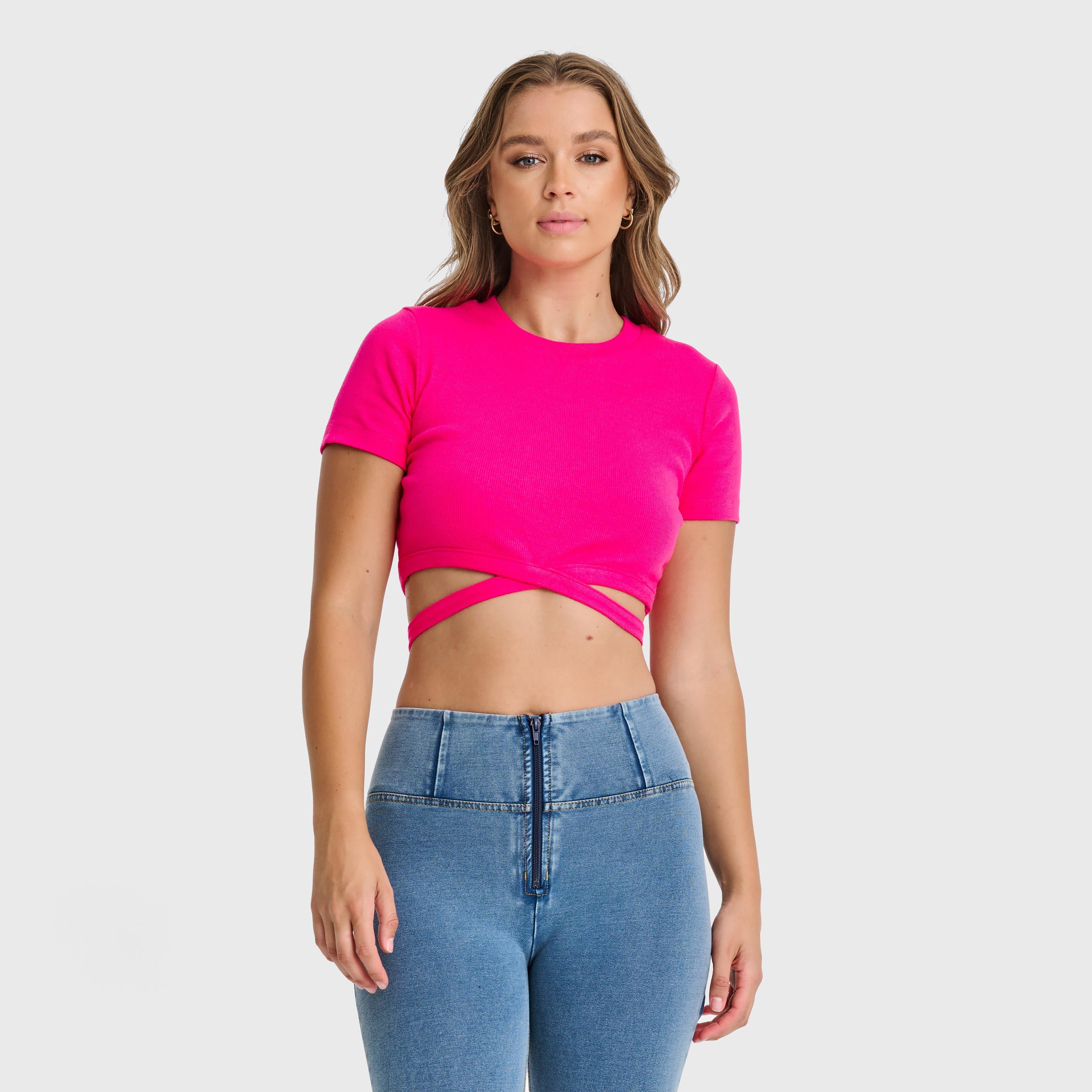 Cropped Wrap Around T Shirt - Pink