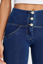 جينز WR.UP® - خصر مرتفع - أرجل واسعة من الأسفل - أزرق داكن + خياطة صفراء