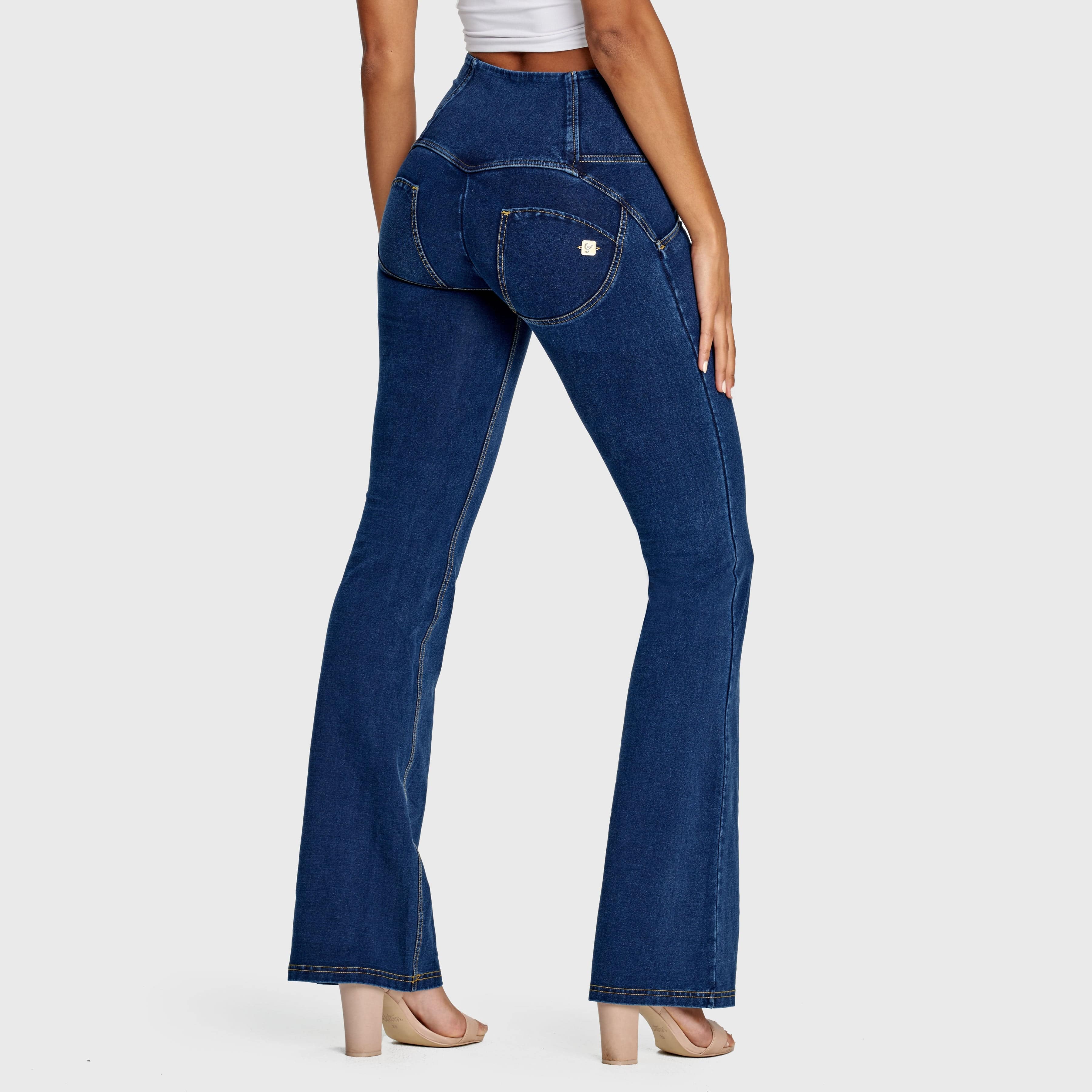 WR.UP® Denim - High Waisted - Bell Bottom Flare - Dark Blue + Yellow Stitching